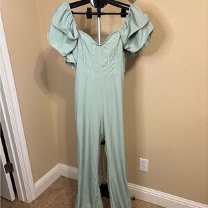 PrettyLittleThing Sage‎ Green Corset Puff Sleeve Wide Leg Jumpsuit NWT 6